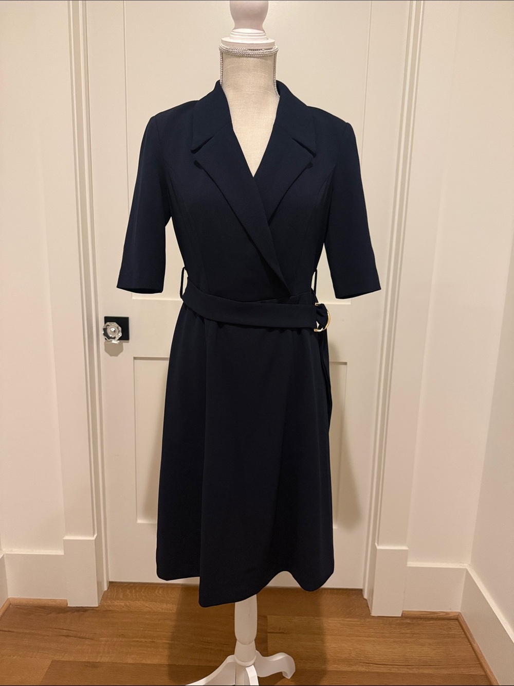 Calvin Klein Navy Wrap Midi Dress with Buckle Belt
